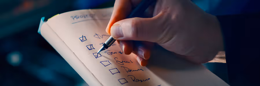 A hand checking items on a notebook checklist