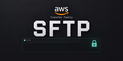 AWS Transfer Family logo above large SFTP lettering and a terminal outline with a padlock on a dark background