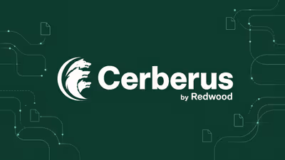 Cerberus by Redwood logo on a dark green background with file transfer paths