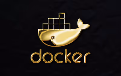Docker logo in golden color on a dark background