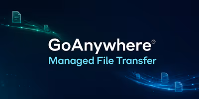 GoAnywhere logo on a dark background with teal and cyan file transfer paths