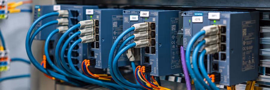 Blue industrial controller modules with connected network cables and colorful wiring