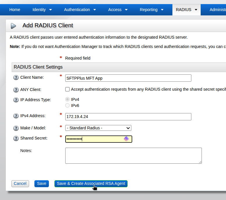 RSA Authentication Manager form for adding the SFTPPlus RADIUS client, with the shared secret masked.
