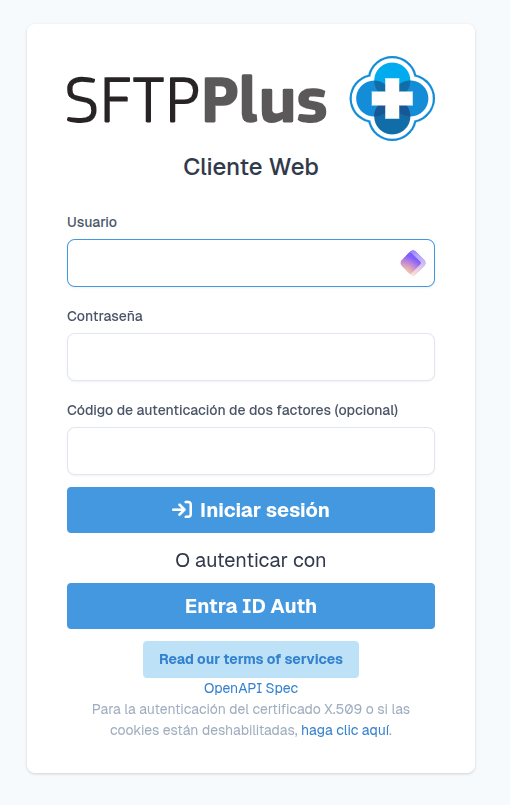 SFTPPlus web client login page in Spanish