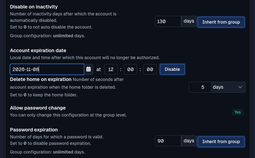 SFTPPlus Web Manager account lifecycle configuration in dark mode.