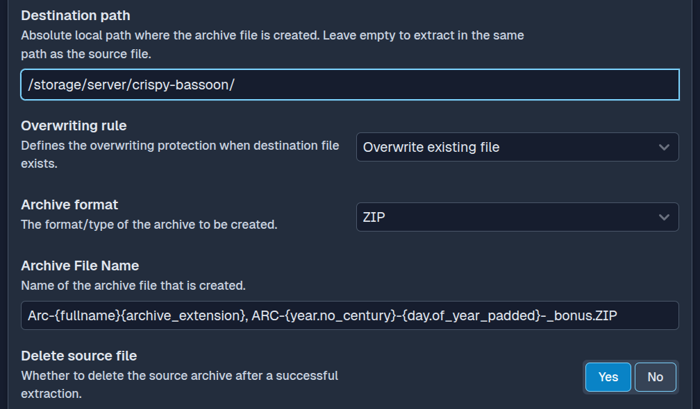 SFTPPlus Web Manager archive creation configuration in dark mode.