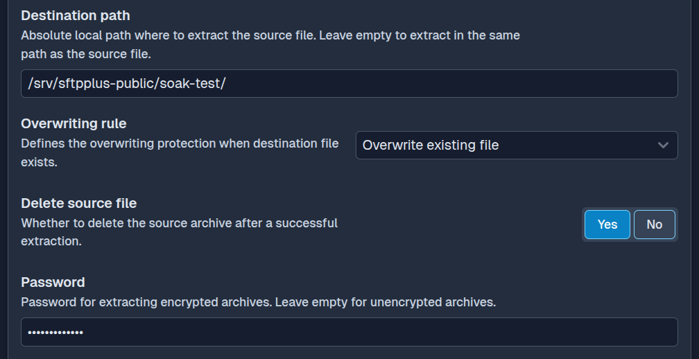 SFTPPlus Web Manager archive extraction configuration in dark mode.