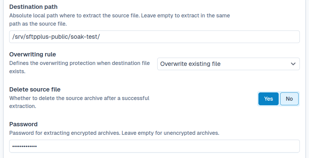 SFTPPlus Web Manager archive extraction configuration.