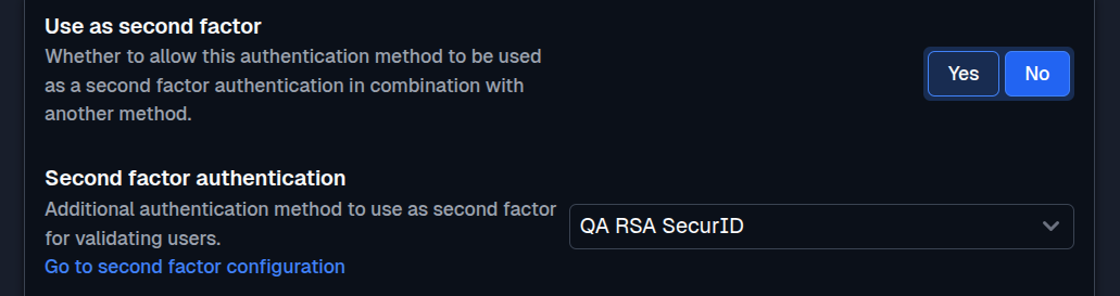 SFTPPlus Web Manager second-factor authentication configuration in dark mode.