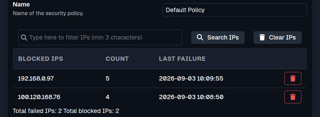 SFTPPlus Web Manager blocked source IP list in dark mode.