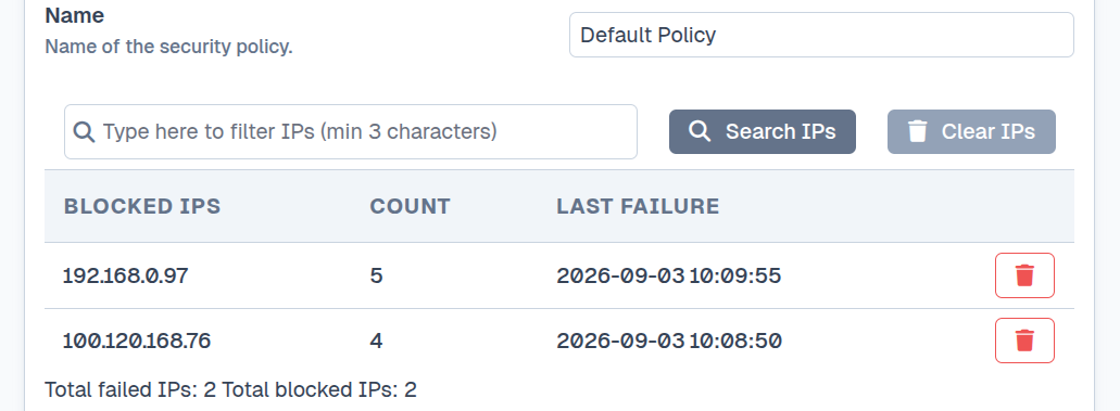 SFTPPlus Web Manager blocked source IP list.