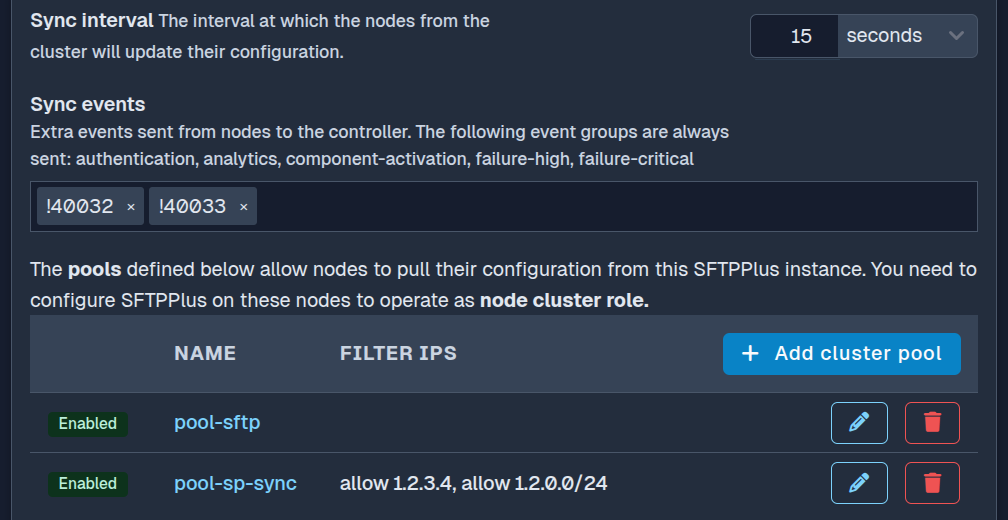 SFTPPlus Web Manager cluster controller configuration in dark mode.