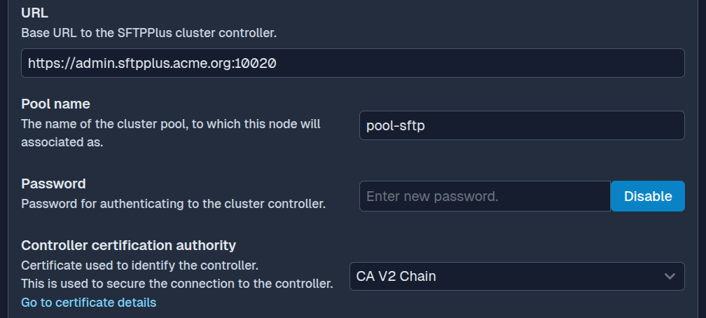 SFTPPlus Web Manager cluster node component activation in dark mode.