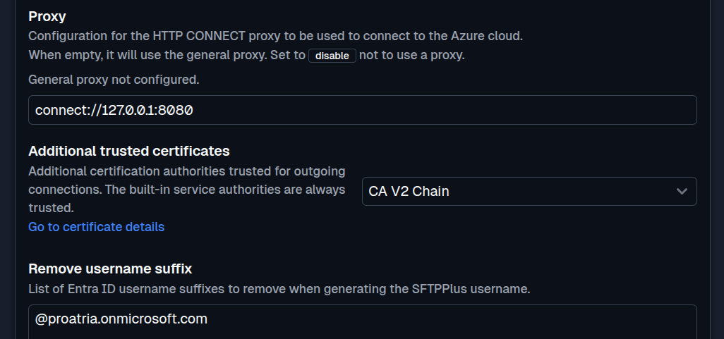 SFTPPlus Web Manager additional trusted certificates configuration for Entra ID in dark mode.