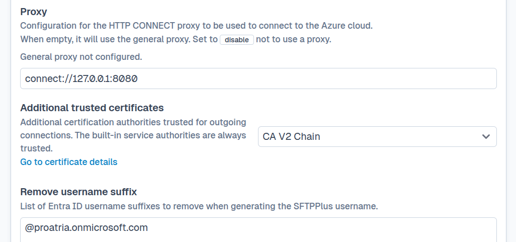SFTPPlus Web Manager additional trusted certificates configuration for Entra ID.