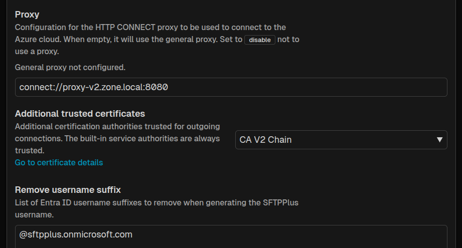 SFTPPlus MFT Web Manager showing an Entra ID proxy and the CA V2 Chain vault item selected as additional trusted certificates in dark mode.