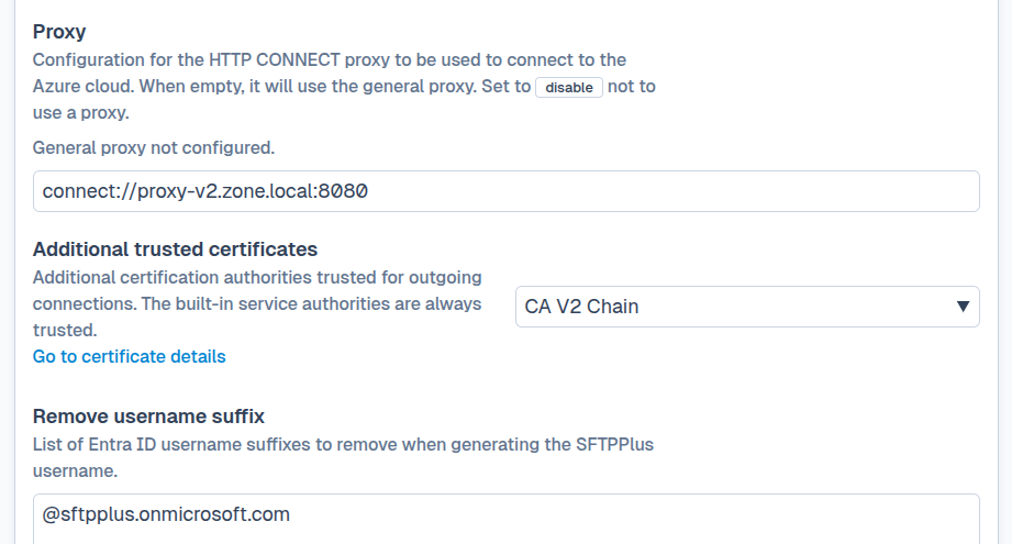 SFTPPlus MFT Web Manager showing an Entra ID proxy and the CA V2 Chain vault item selected as additional trusted certificates in light mode.