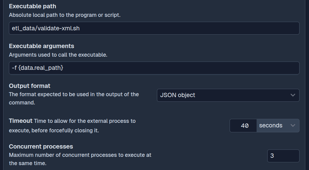 SFTPPlus Web Manager external executable event handler configuration in dark mode.