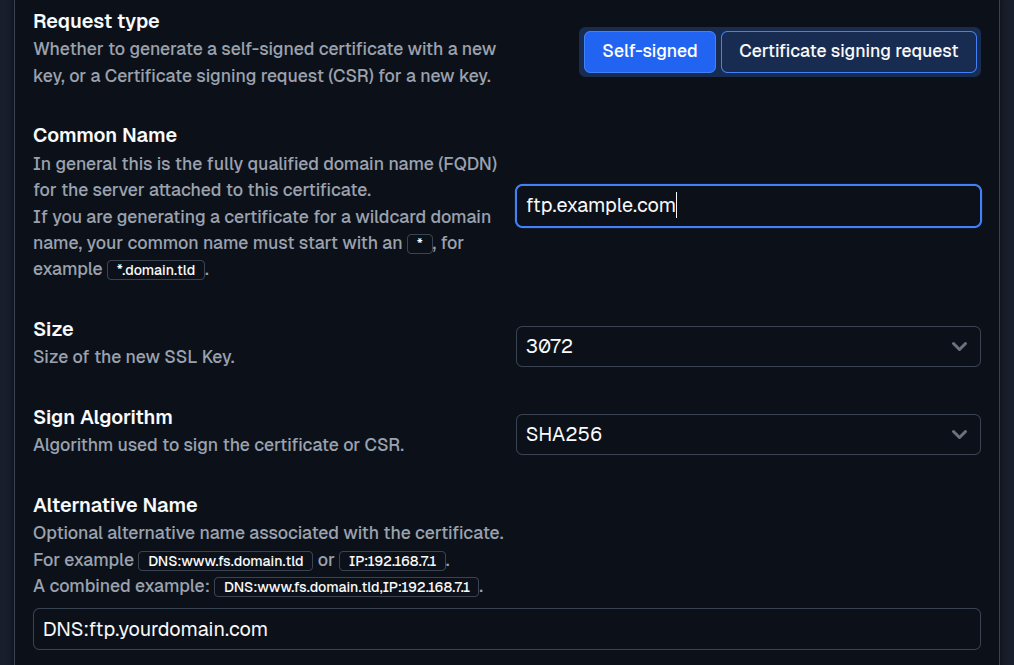 SFTPPlus Web Manager certificate signing request generation in dark mode.