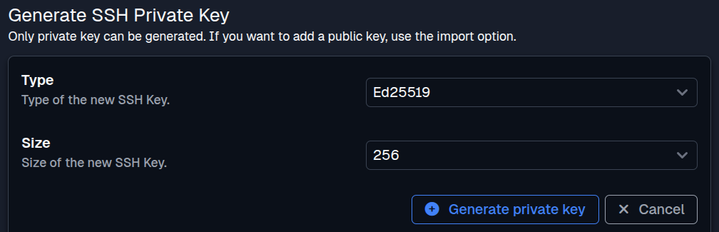 SFTPPlus Web Manager SSH key generation in dark mode.