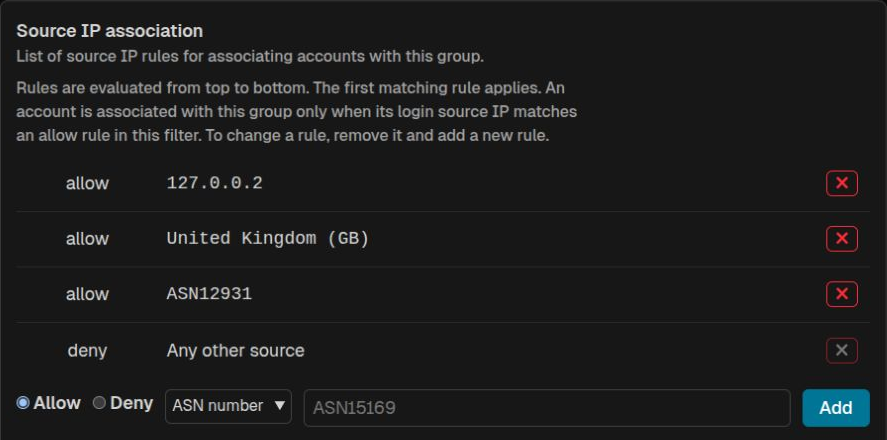 Group source IP rules in SFTPPlus Web Manager, showing allowed country and ASN values in dark mode.