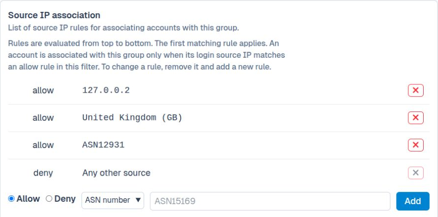 Group source IP rules in SFTPPlus Web Manager, showing allowed country and ASN values.