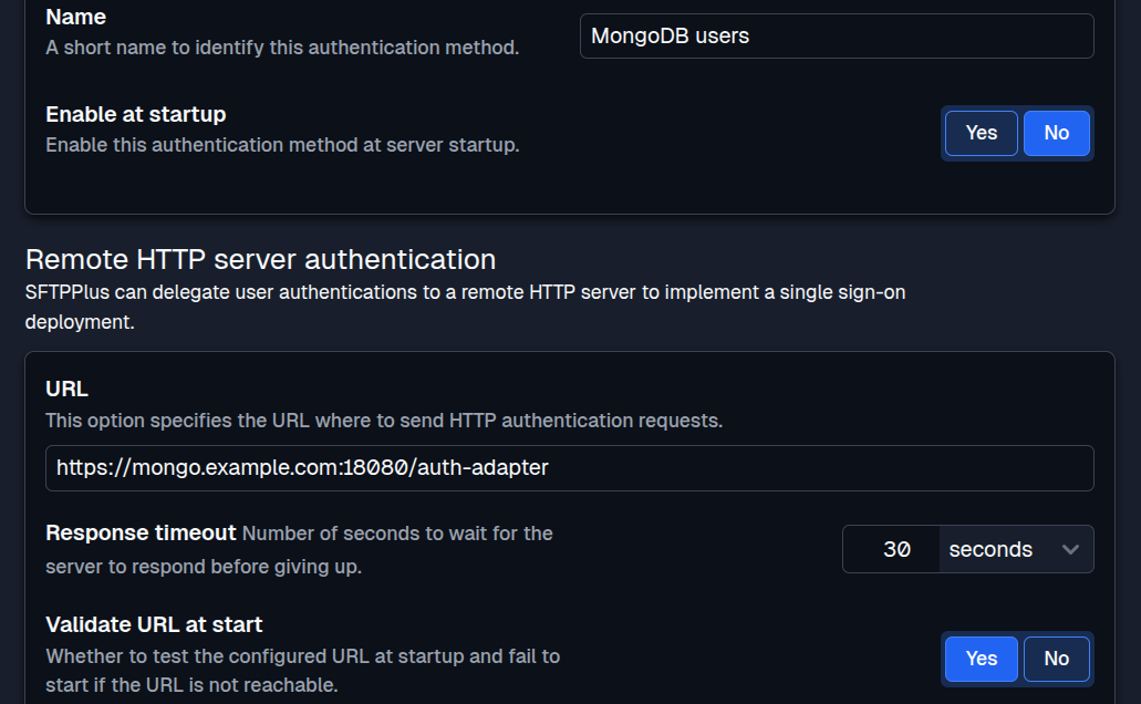 HTTP API authentication configuration in SFTPPlus Web Manager dark mode.