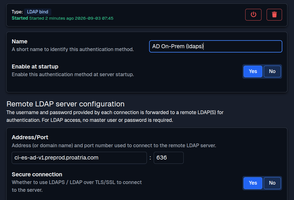 SFTPPlus Web Manager LDAP AD Secure in dark mode.