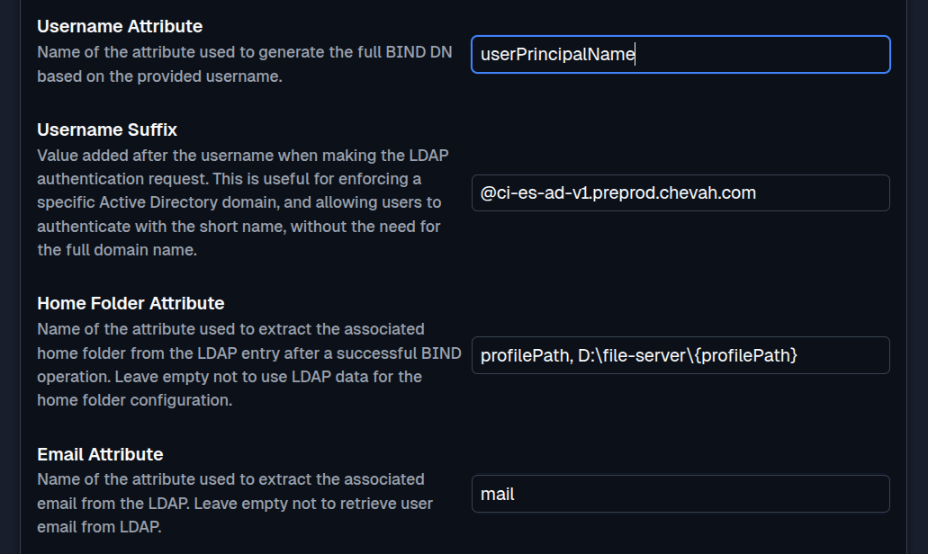 SFTPPlus Web Manager LDAP AD Attributes in dark mode.