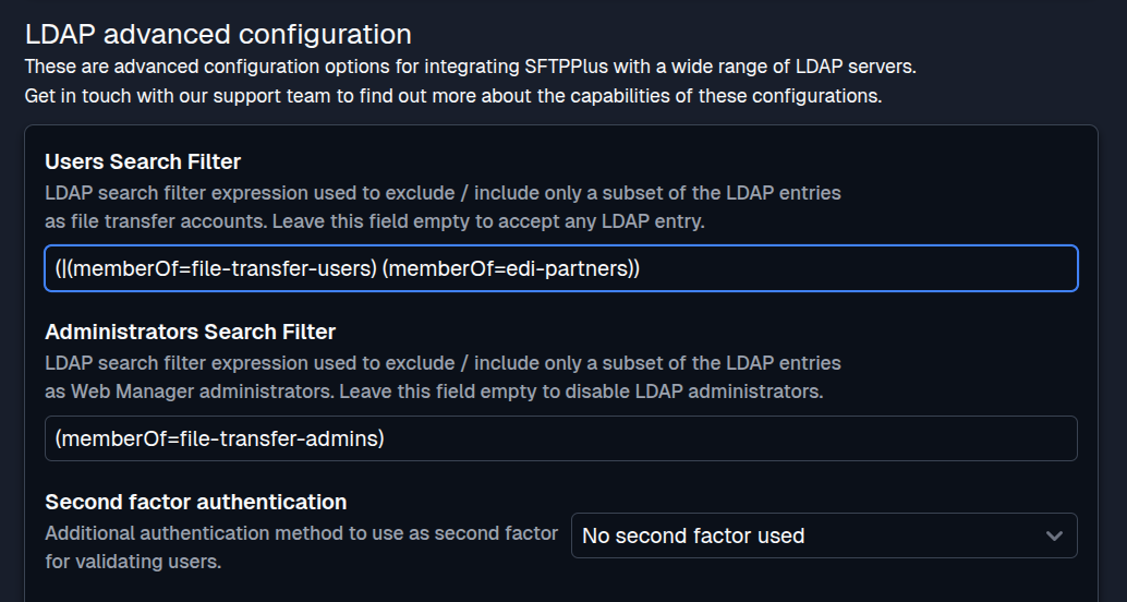 SFTPPlus Web Manager LDAP filters in dark mode.