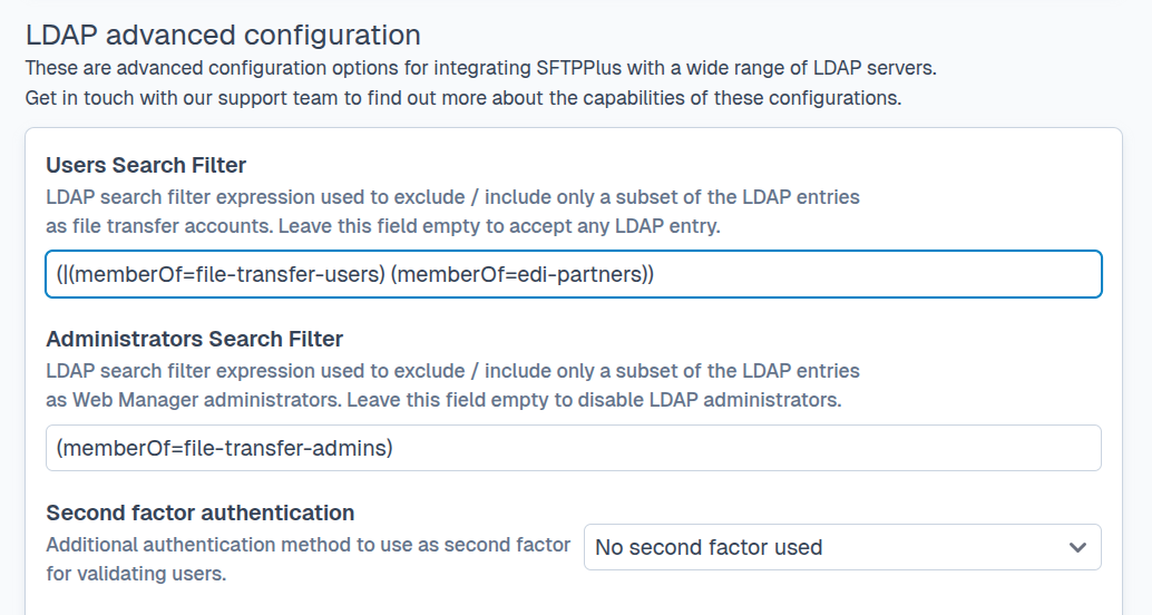 SFTPPlus Web Manager LDAP filters.