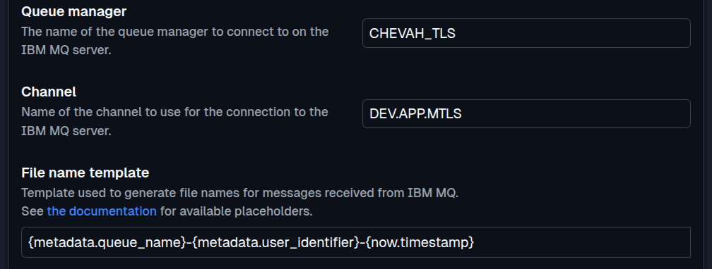 SFTPPlus Web Manager IBM MQ location configuration in dark mode.