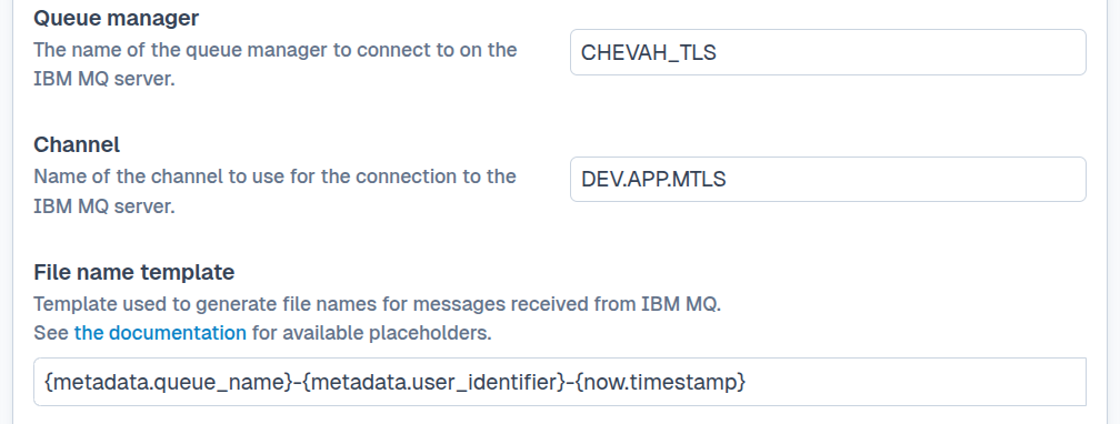 SFTPPlus Web Manager IBM MQ location configuration.