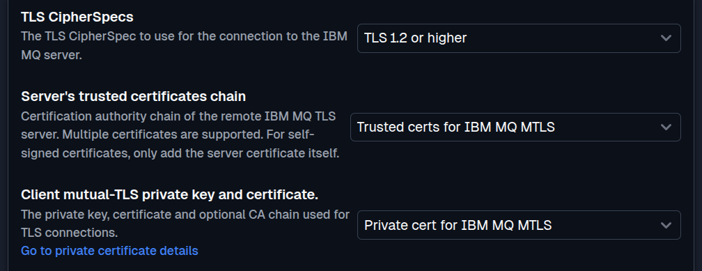 SFTPPlus Web Manager IBM MQ TLS configuration in dark mode.
