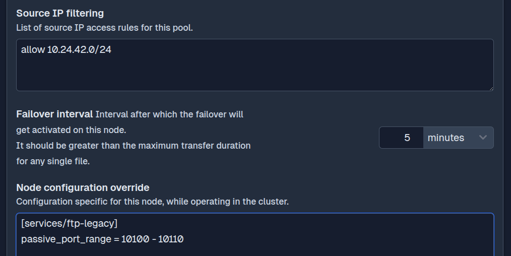 SFTPPlus Web Manager cluster node failover configuration in dark mode.