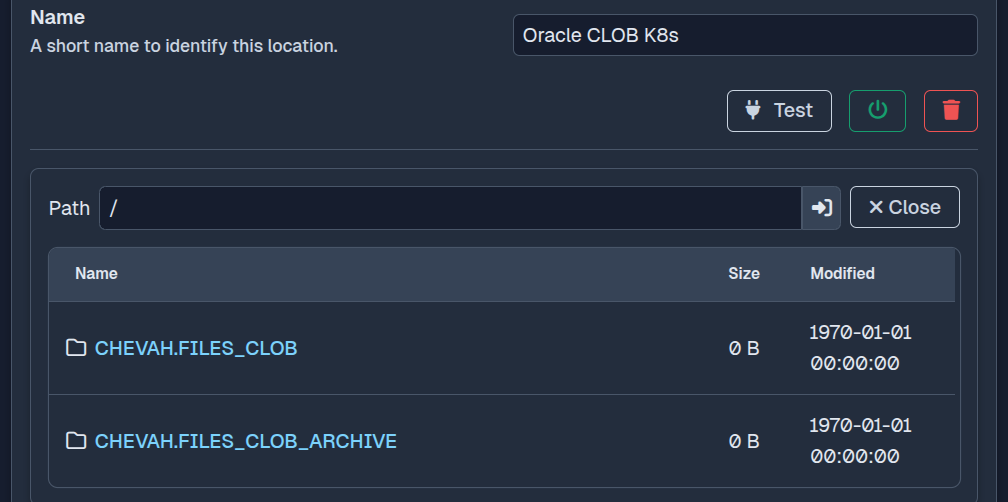 Oracle Database tables shown as folders in SFTPPlus Web Manager dark mode.