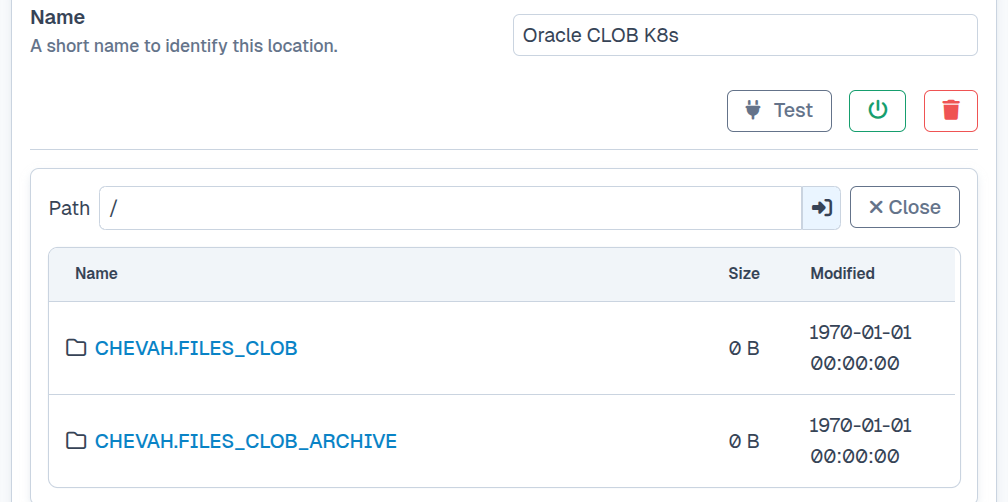 Oracle Database tables shown as folders in SFTPPlus Web Manager.