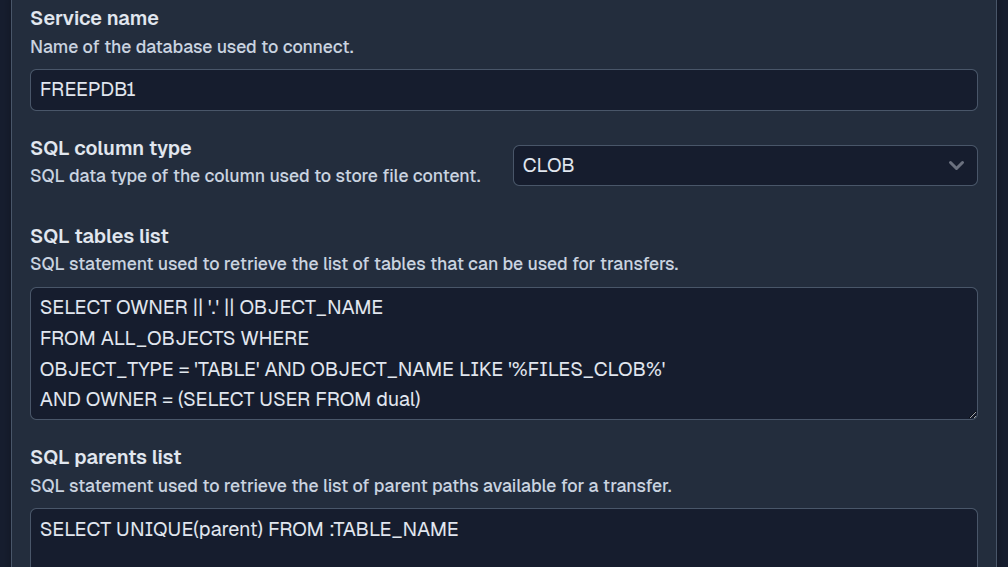 Oracle Database SQL queries configured in SFTPPlus Web Manager dark mode.