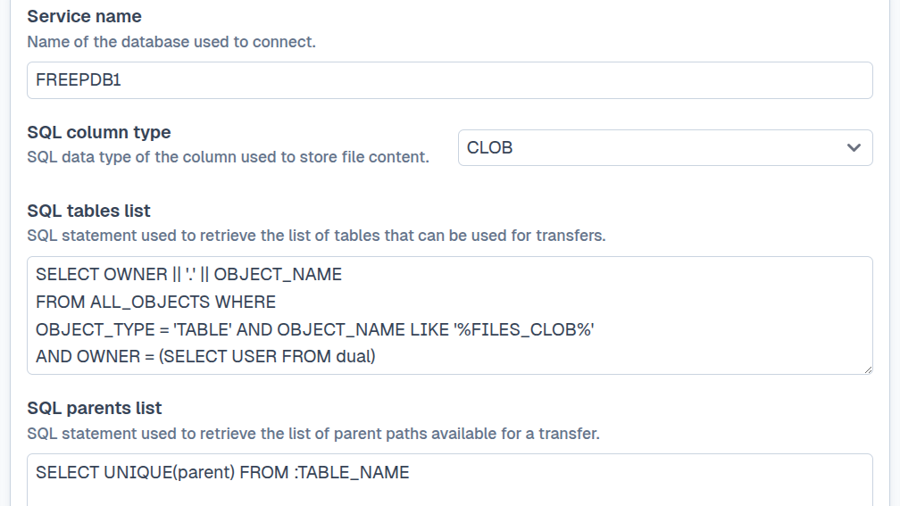 Oracle Database SQL queries configured in SFTPPlus Web Manager.