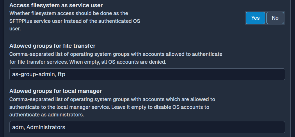 SFTPPlus Web Manager OS authentication filters in dark mode.