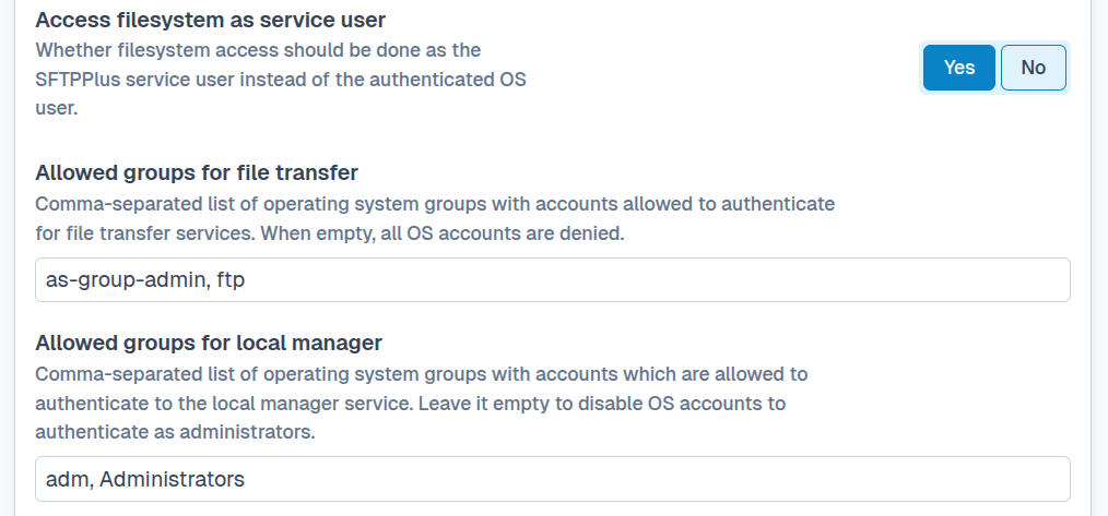 SFTPPlus Web Manager OS authentication filters.