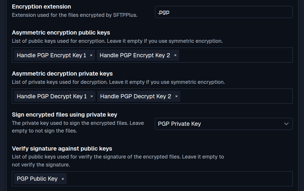 SFTPPlus Web Manager PGP event handler configuration in dark mode.
