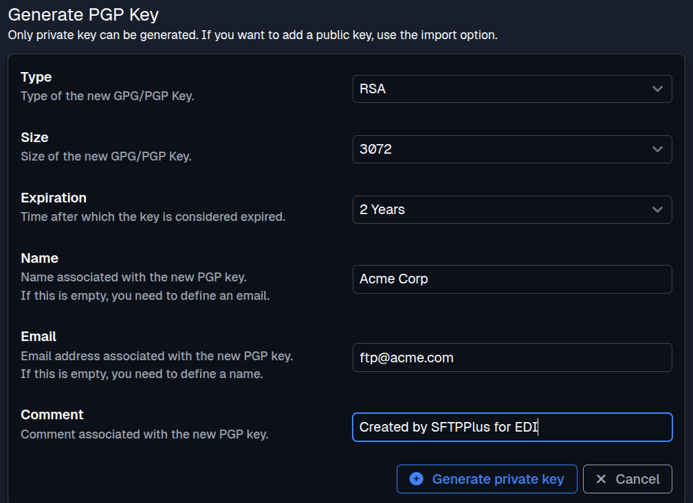 SFTPPlus Web Manager PGP key generation in dark mode.