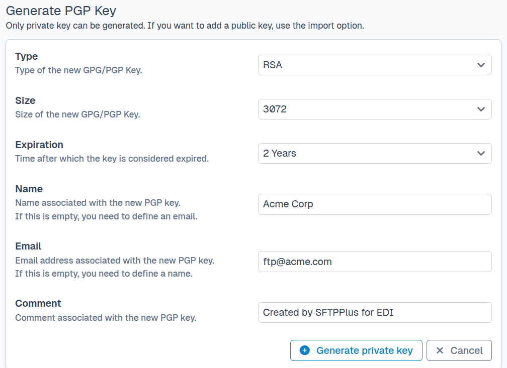 SFTPPlus Web Manager PGP key generation.