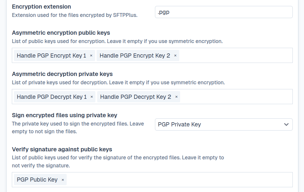SFTPPlus Web Manager PGP event handler configuration.