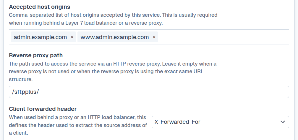 SFTPPlus Web Manager reverse proxy configuration.