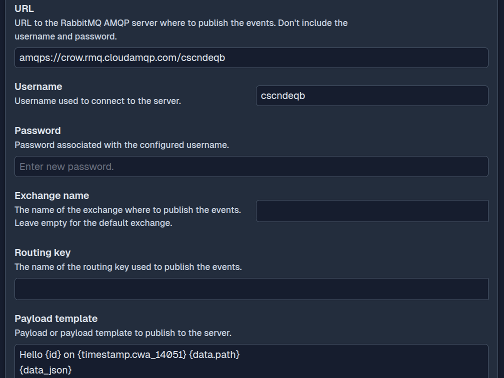 SFTPPlus Web Manager RabbitMQ event handler configuration in dark mode.