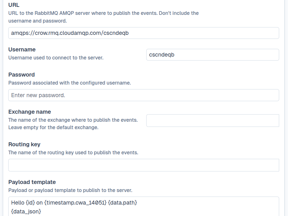SFTPPlus Web Manager RabbitMQ event handler configuration.