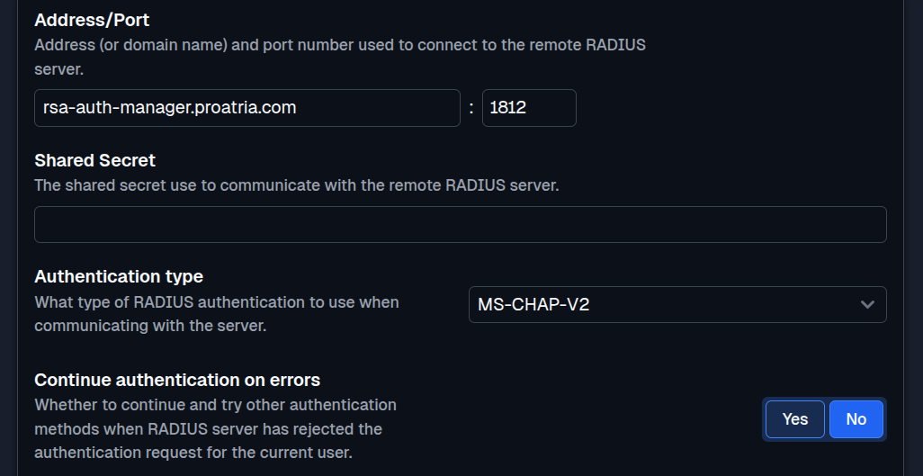 SFTPPlus Web Manager RADIUS authentication configuration in dark mode.