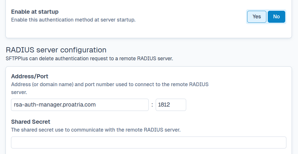 SFTPPlus Web Manager RADIUS authentication configuration.